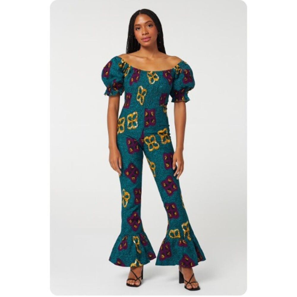 Vintage African Print Jumpsuit Puff Sleeve Ruffle Hem Costume Festival SZ M
